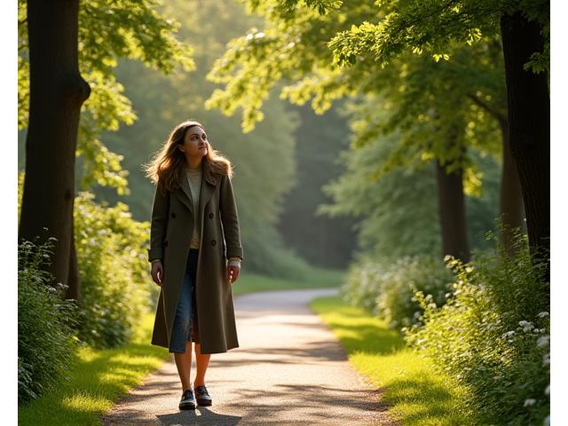 Žena se prochází po cestě v Petřínských sadech, vychutnává si zeleň