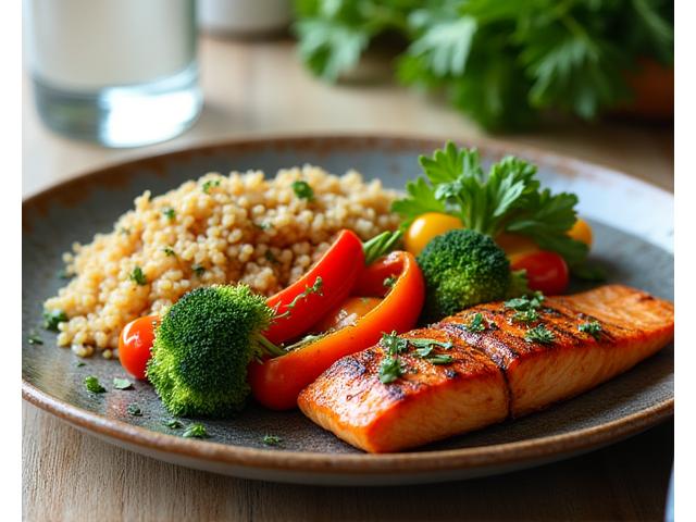 Talíř s pestrou a zdravou večeří, zelenina, losos a quinoa podáváno esteticky