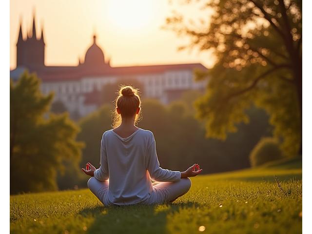 Žena praktikující mindfulness v pražském parku.