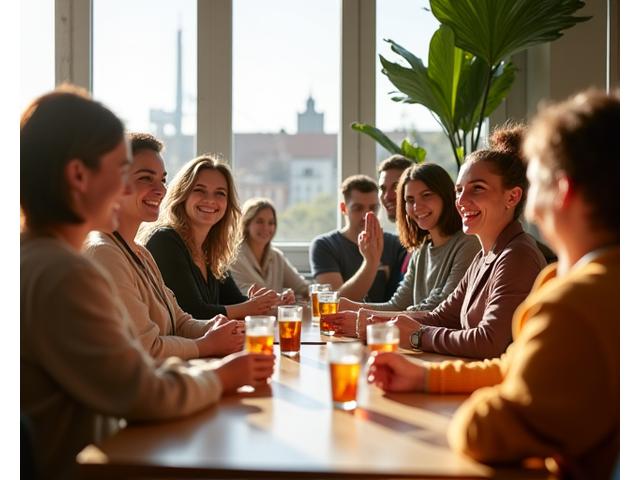 Skupina usměvavých dospělých 35+ bavících se v moderním wellness prostoru v Praze, symbolizujícího komunitní setkání a sdílení zkušeností.