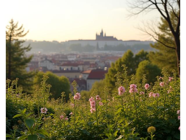 Pohled z Petřína na Prahu s rozkvetlou zahradou v popředí, symbolizující růst a komunitu.