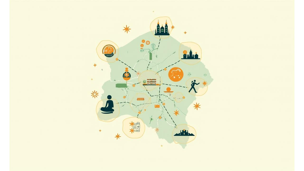 Mapa Prahy s překrývajícími se jemnými ikonami wellness a komunity, symbolizující rozsah služeb Souřadnice Bytí v městském kontextu.