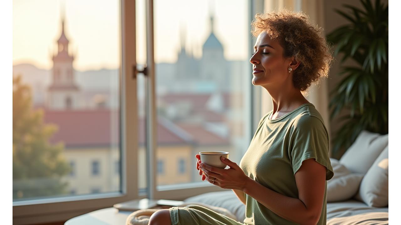 Žena v poklidném pražském bytě medituje s šálkem čaje, symbolizující personalizované wellness a klid. Pozadí s náznakem pražských střech.