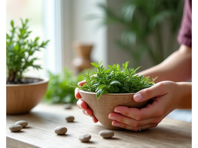 Žena vkládá bylinky do misky, symbolizující přírodní a ověřené wellness produkty.