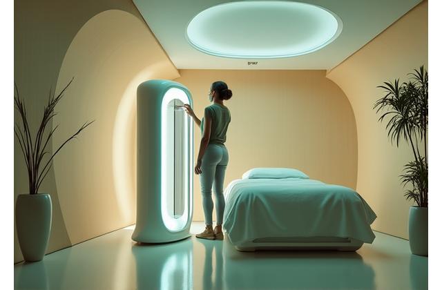 Žena po tréninku v moderním recovery centru, obklopena high-tech regeneračním vybavením