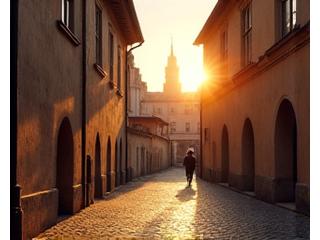 Romantický západ slunce nad Pražským hradem a okolními uličkami, zdůrazňující historické kouzlo a klid.