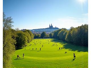 Panoramatický pohled na Letenské sady v Praze, s běžci a lidmi cvičícími pod širým nebem, s výhledem na Hradčany. Vyzdvihuje přírodní prostředí.