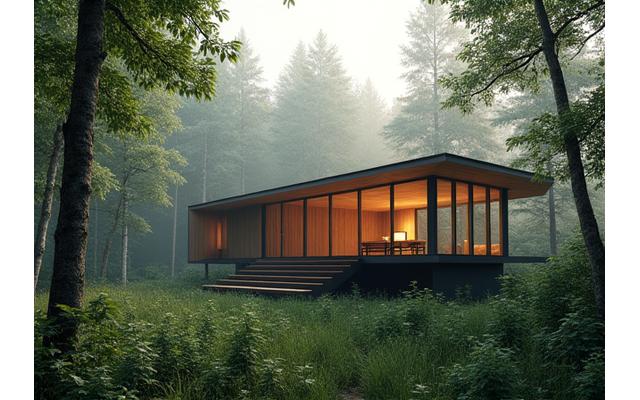 Ekologický resort v Křivoklátských lesích, s moderní architekturou a výhledem na přírodu.